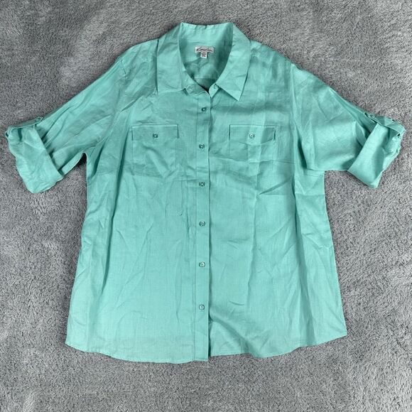 Kim Rogers Womens Linen Button Up Shirt 2X Light Blue Green Roll Tab Long Sleeve - Picture 1 of 14